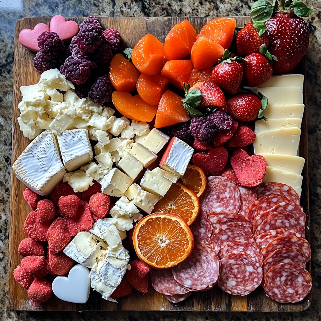 Valentines Charcuterie Board with Cheese and Fruit